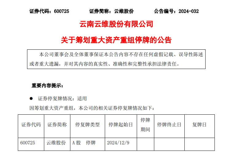 央国企并购升温！云维股份拟购买红河发电100%股权，12月23日复牌